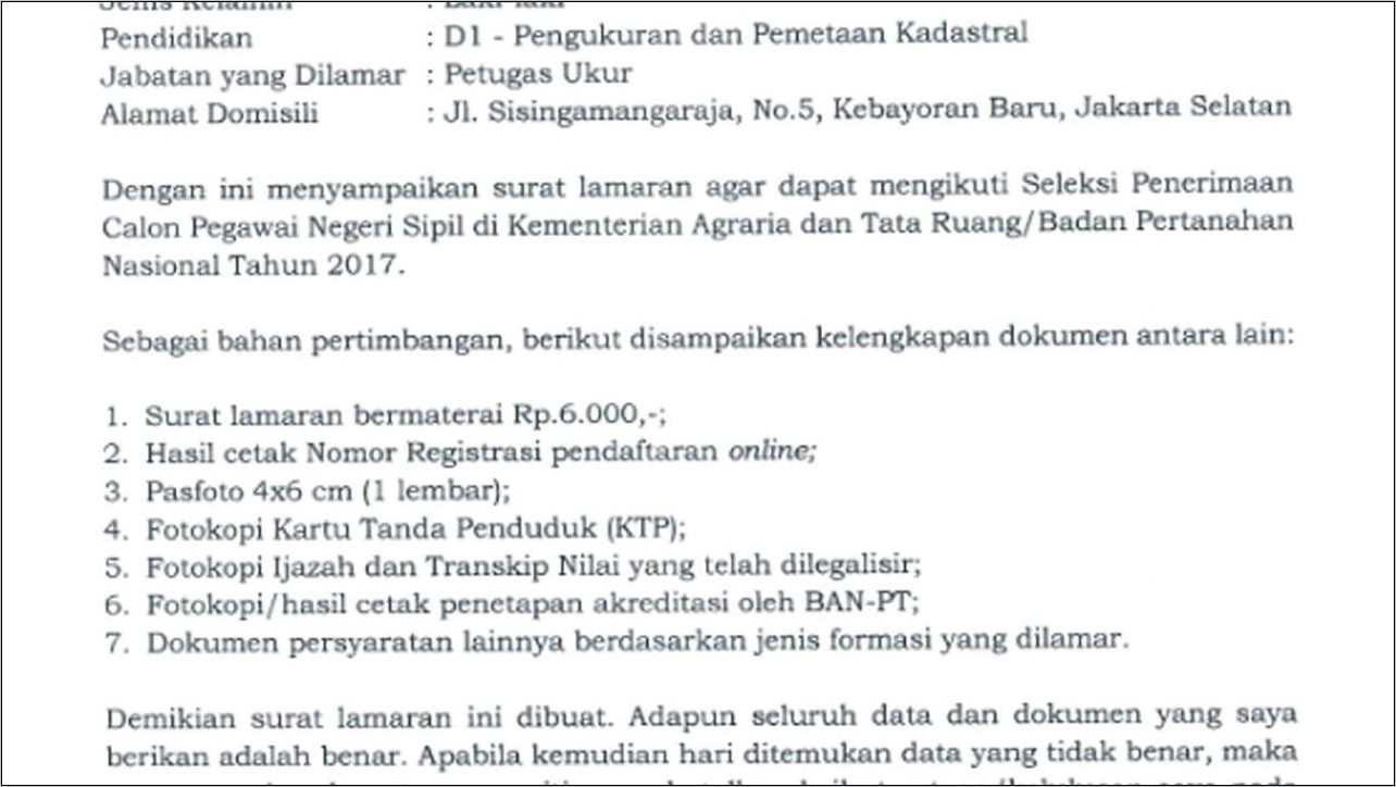 Contoh Surat Lamaran Kerja Ptt