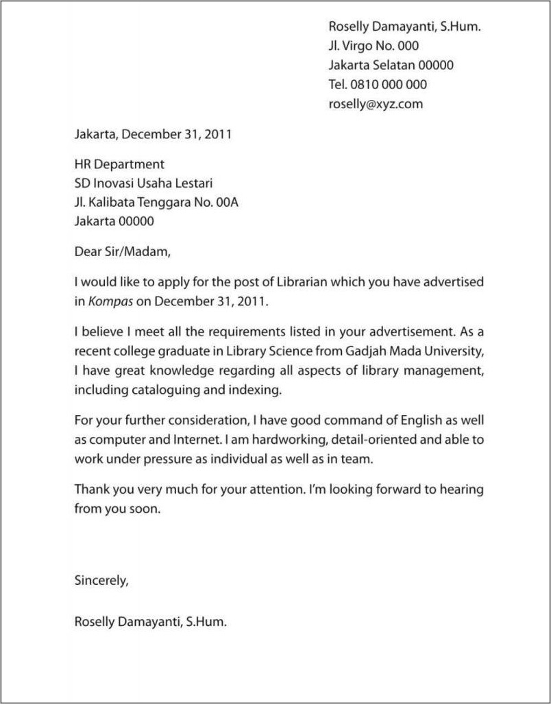 Contoh Surat Lamaran Kerja Sebagai Guru Dalam Bahasa Inggris - Surat