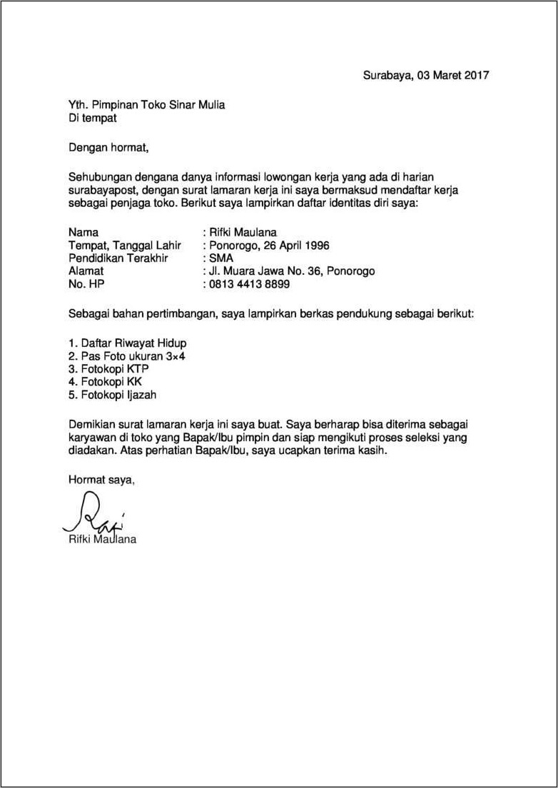 Contoh Surat Lamaran Kerja Tulis Tangan 2017