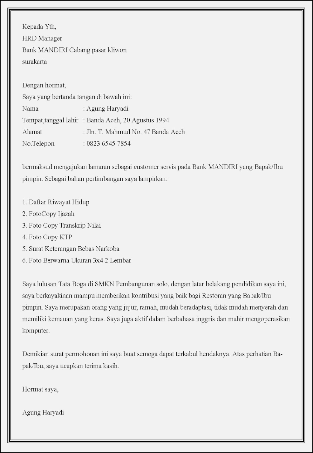 Contoh Surat Lamaran Kerja Umum Bahasa Indonesia