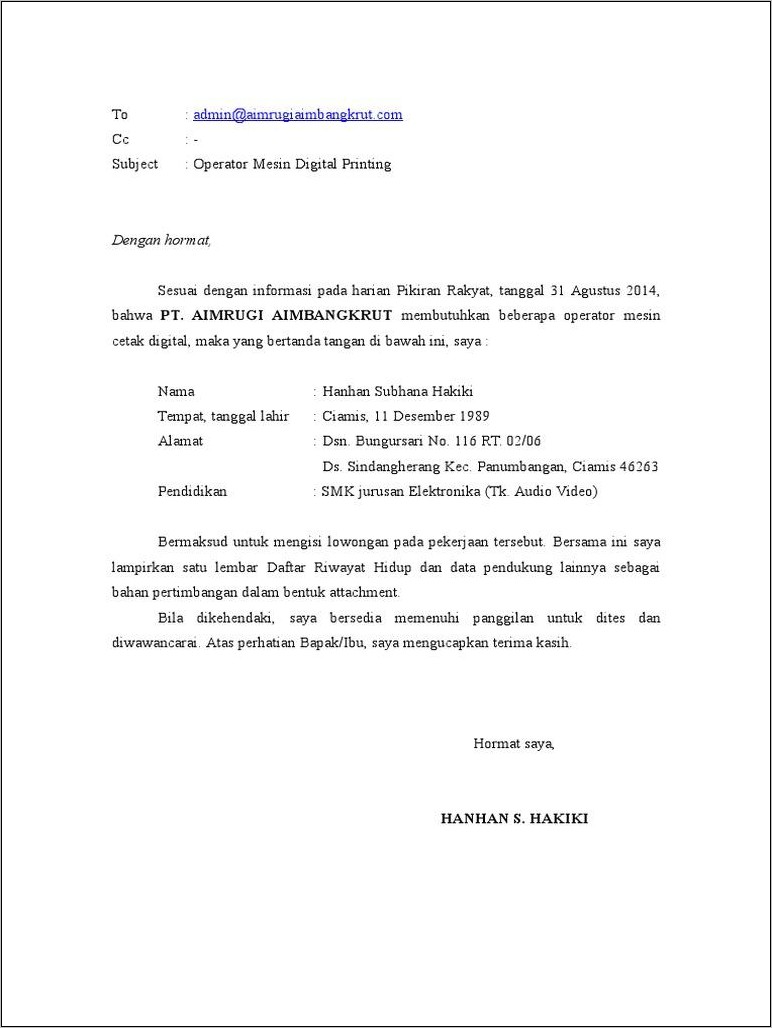 Contoh Surat Lamaran Kerja Via Email Bahasa Indonesia