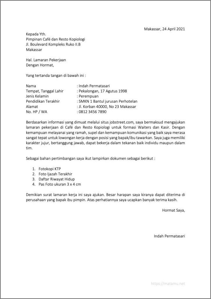 Contoh Surat Lamaran Kerja Waiter Bahasa Indonesia