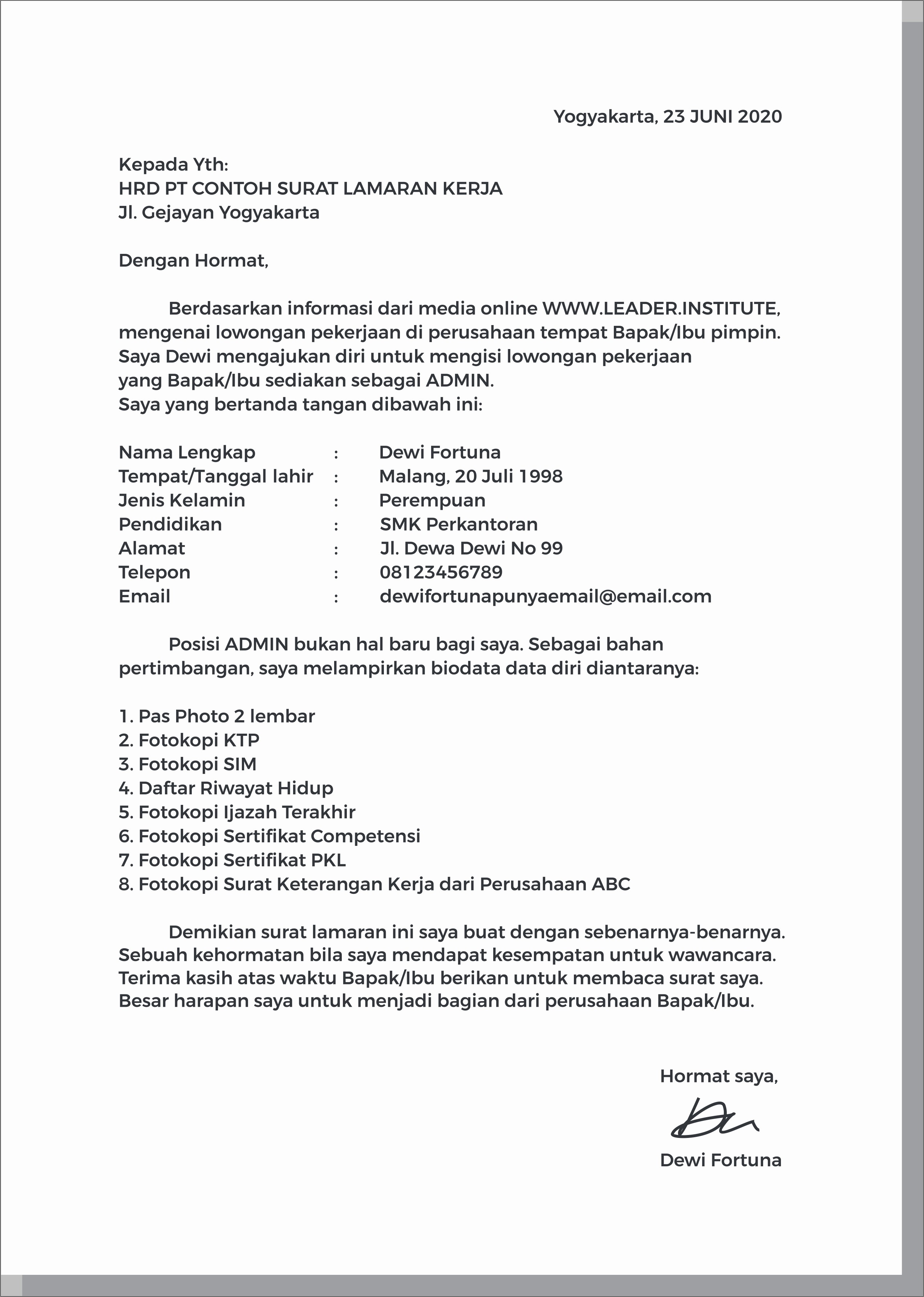 Contoh Surat Lamaran Pekerjaan Dan Cv