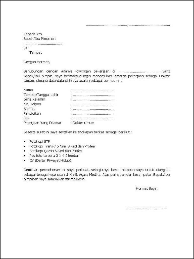 Contoh Surat Lamaran Pekerjaan Di Klinik