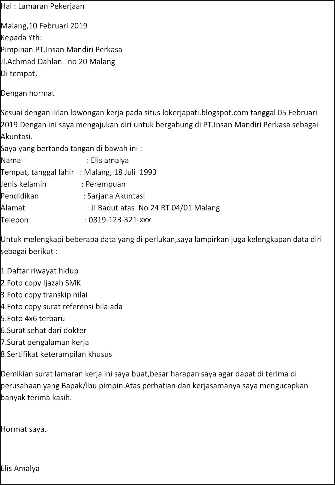 Contoh Surat Lamaran Pekerjaan Di Pt Sami Semarang