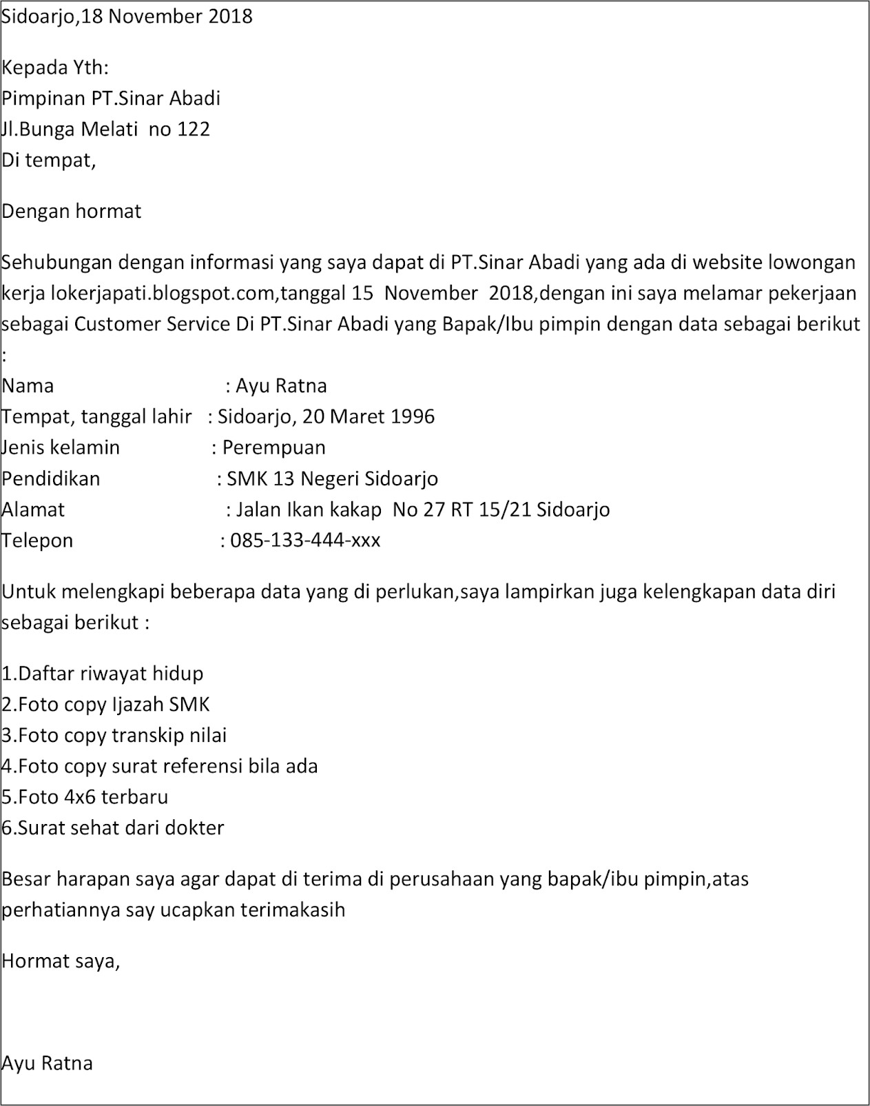 Contoh Surat Lamaran Pekerjaan Pt