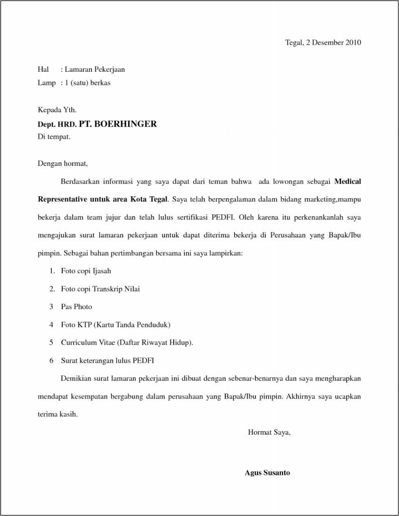 Contoh Surat Lamaran Pekerjaan Sederhana