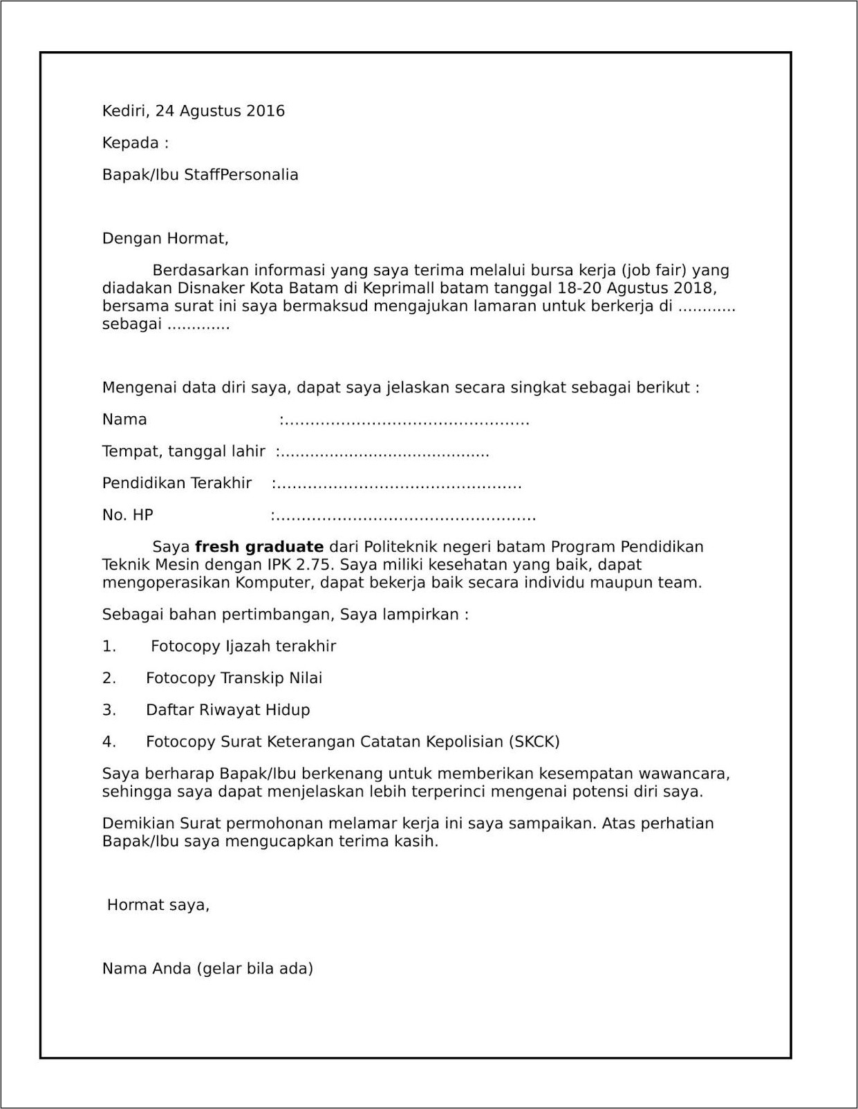 Contoh Surat Lamaran Pekerjaan Untuk Job Fair