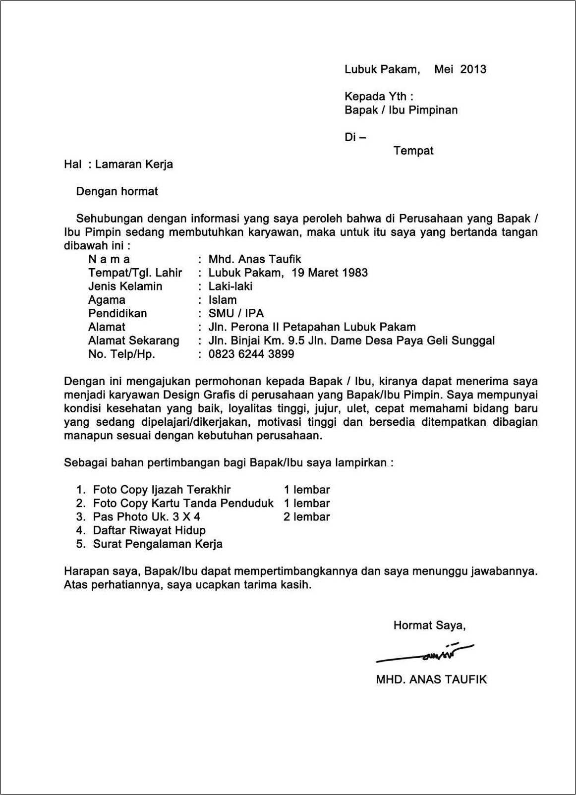 Contoh Surat Lamaran Untuk Cv