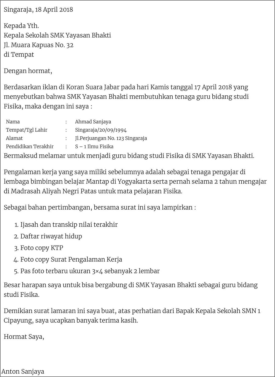 Contoh Surat Lamaran Untuk Menjadi Guru