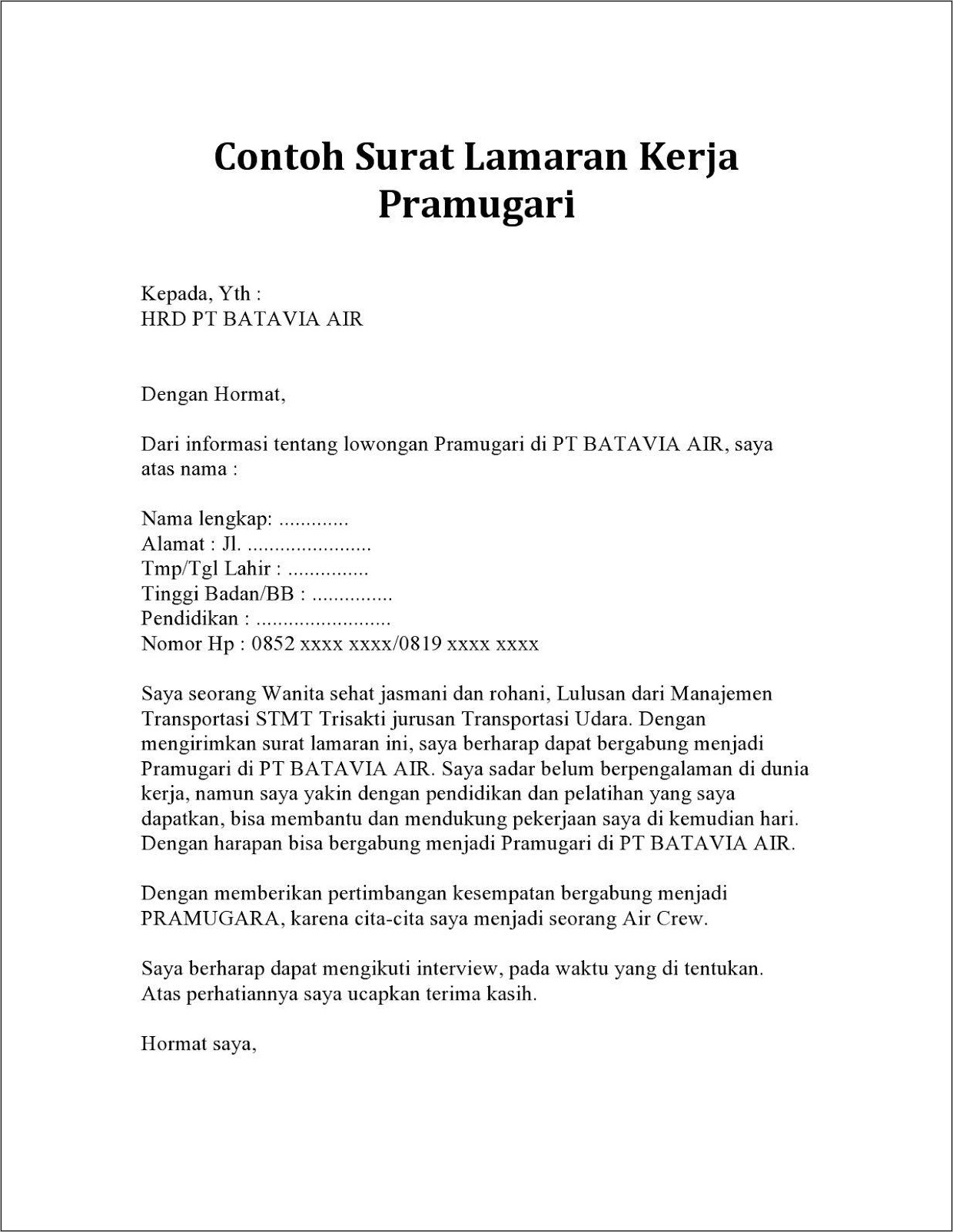 Contoh Surat Lamaran Untuk Pt Kai