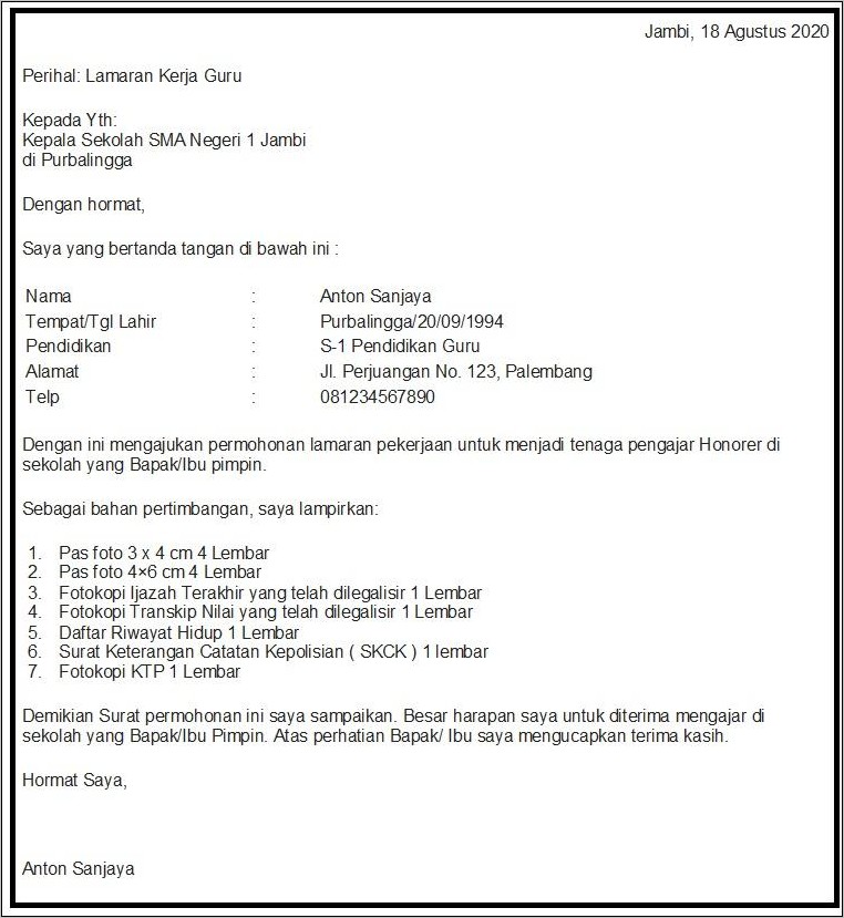 Surat Lamaran Kerja Contoh