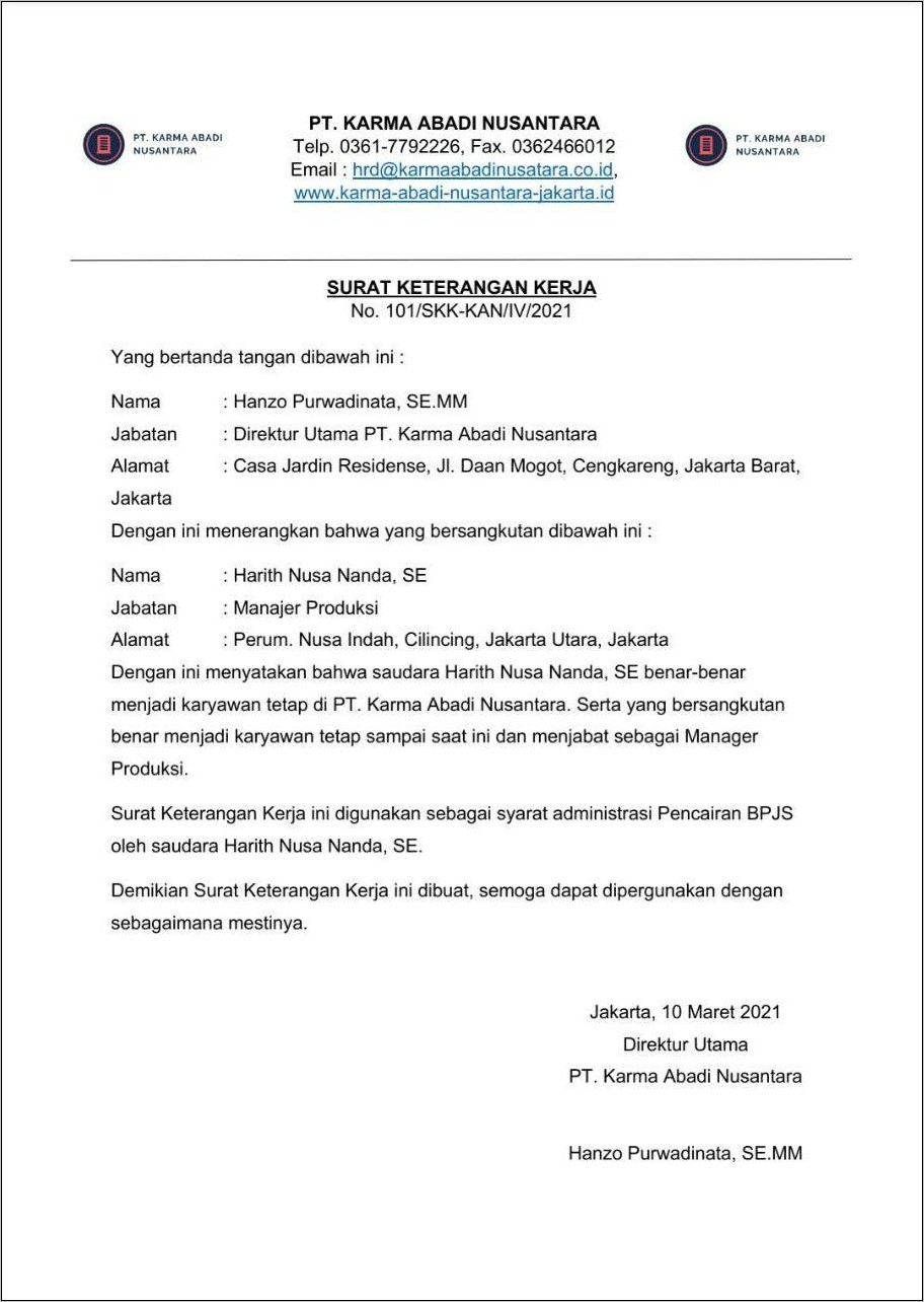 Contoh Surat Aketerangan Kerja