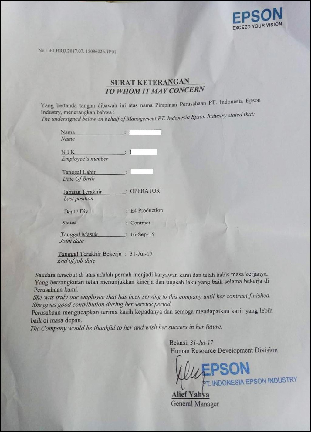 Contoh Surat Aktid Bekerja Dan Perpindahan Nama Perusaaahn Sio Forklift