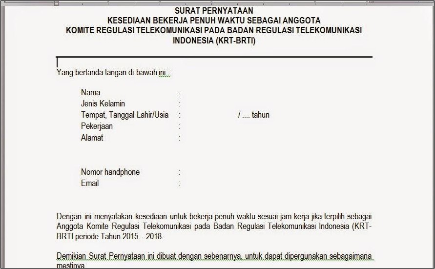 Contoh Surat Bersedia Bekerja