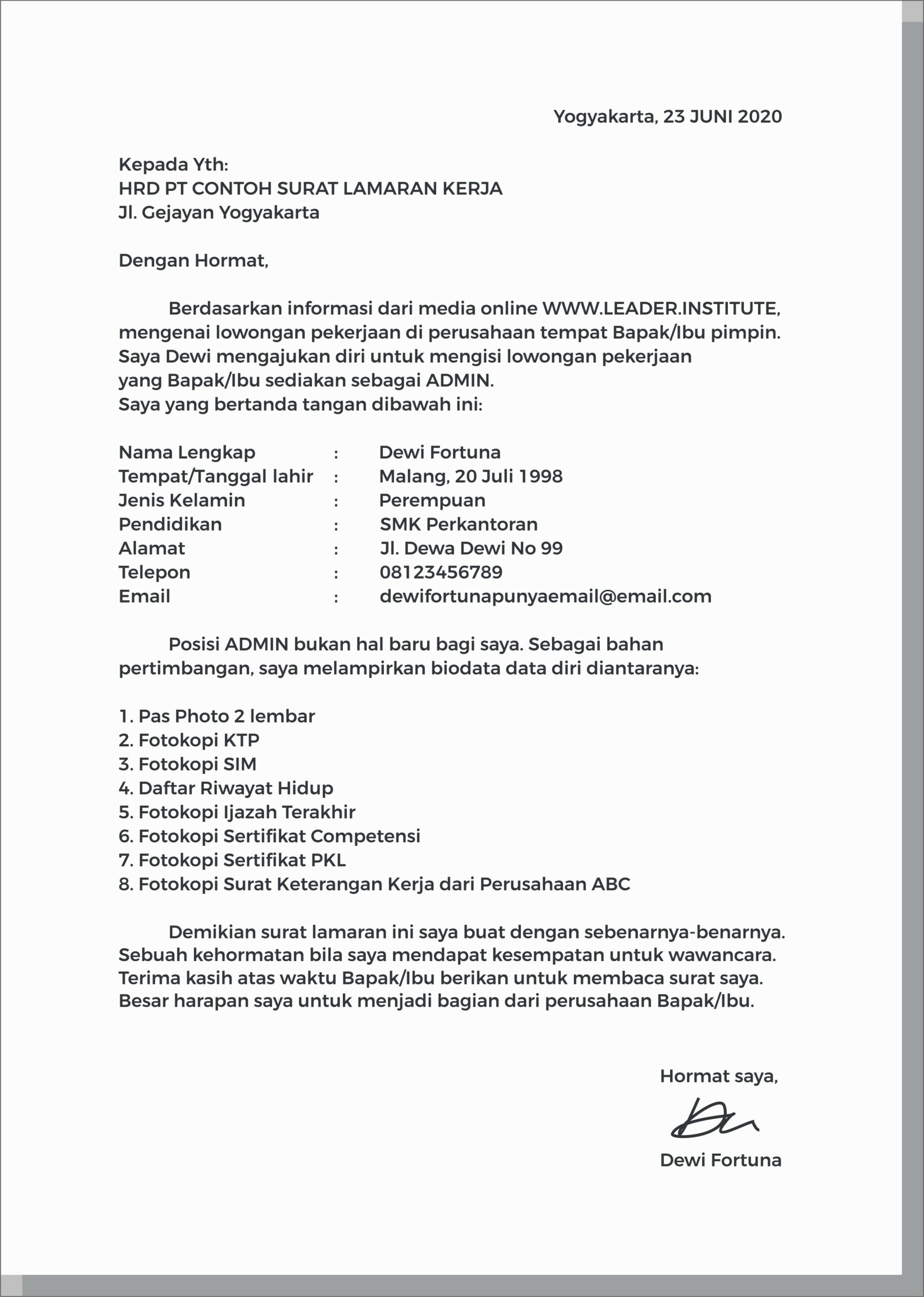 Contoh Surat Blamaran Kerja