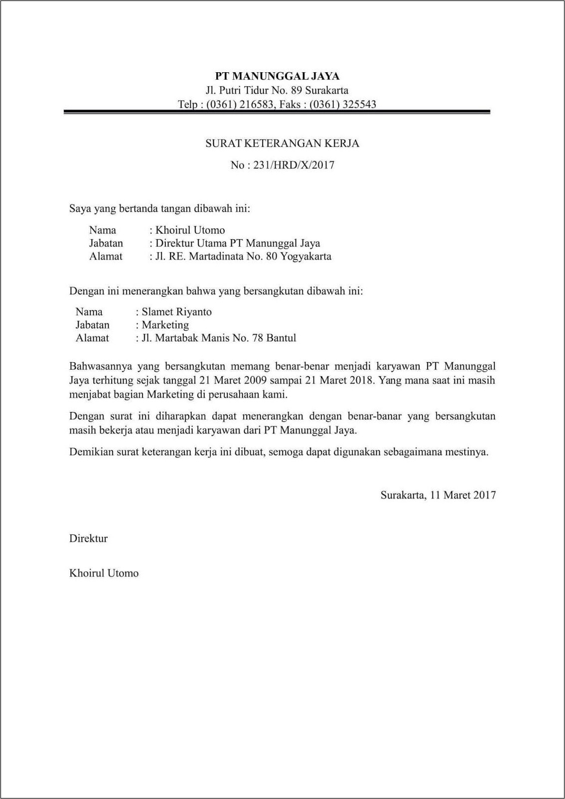 Contoh Surat Izin Kerja Di Perusahaan