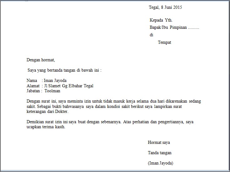 Contoh Surat Izin Sakit Kerja Lewat Email