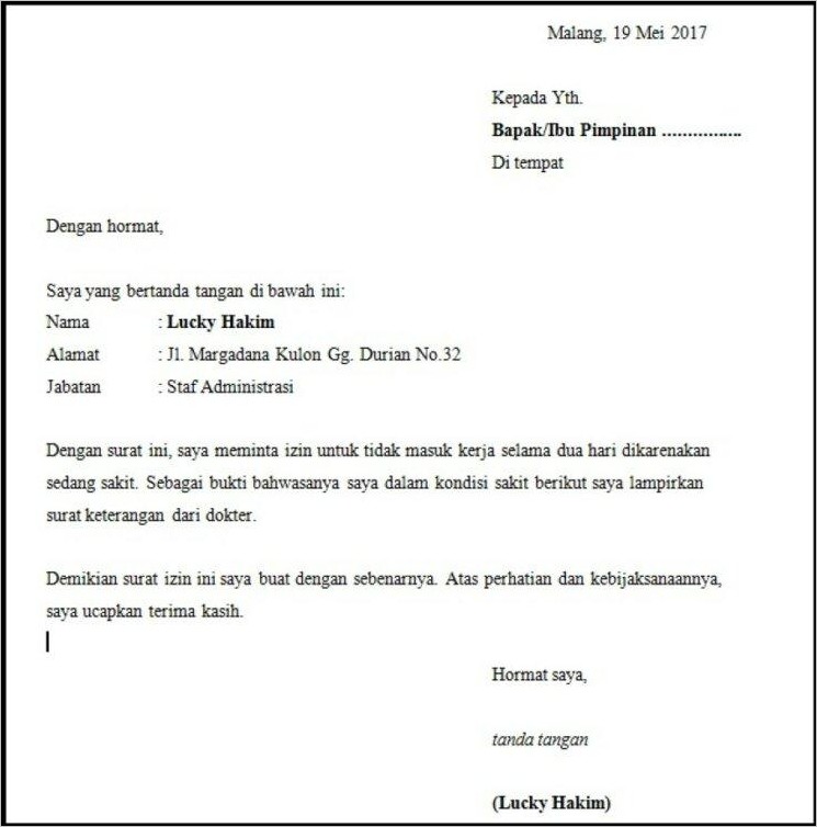 Contoh Surat Izin.tidak Masuk Kerja Ka