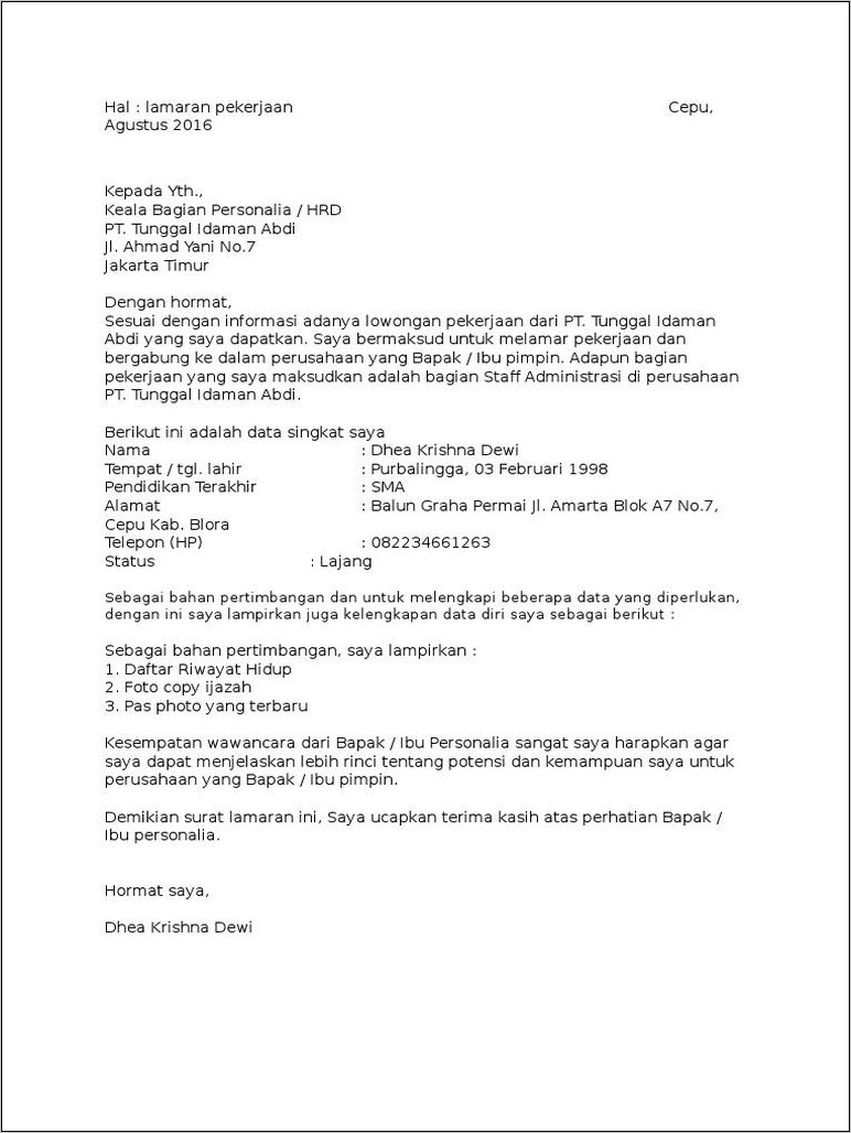 Contoh Surat Kerja Giordano