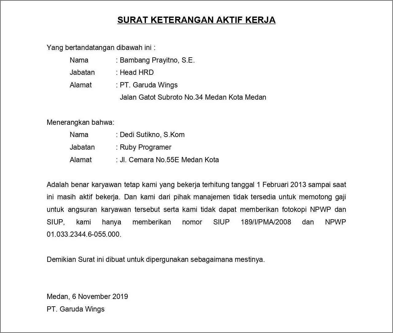 Contoh Surat Keteranga Bekerja