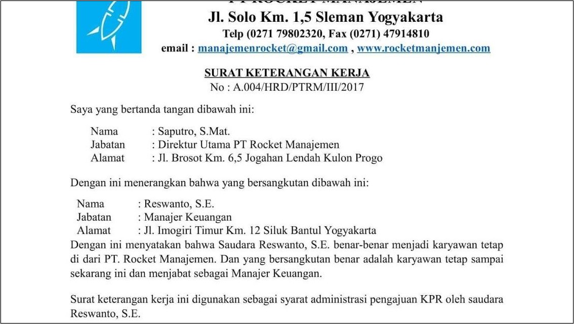 Contoh Surat Keterangab Kerja Untuk Pengajuan Kpr