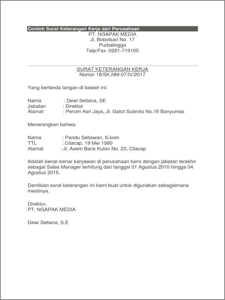 Contoh Surat Keterangab Kerja