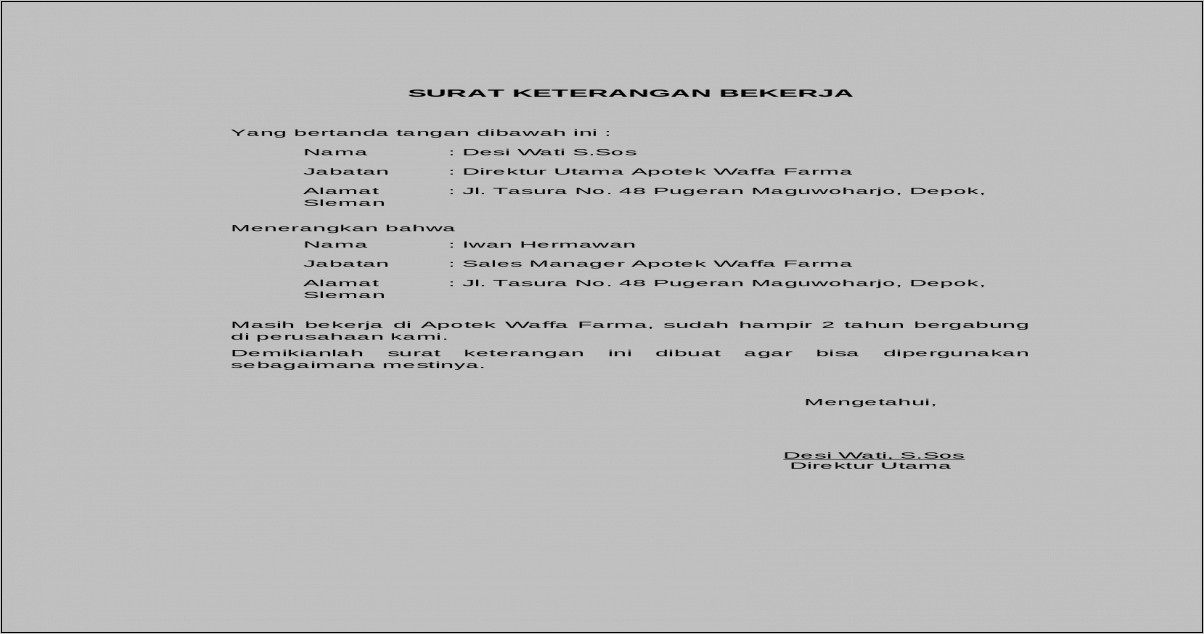 Contoh Surat Keterangan Bekerja Di Perusahaan Format Word