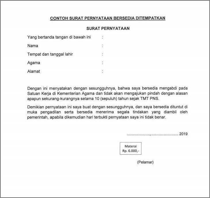 Contoh Surat Keterangan Bersedia Bekerja