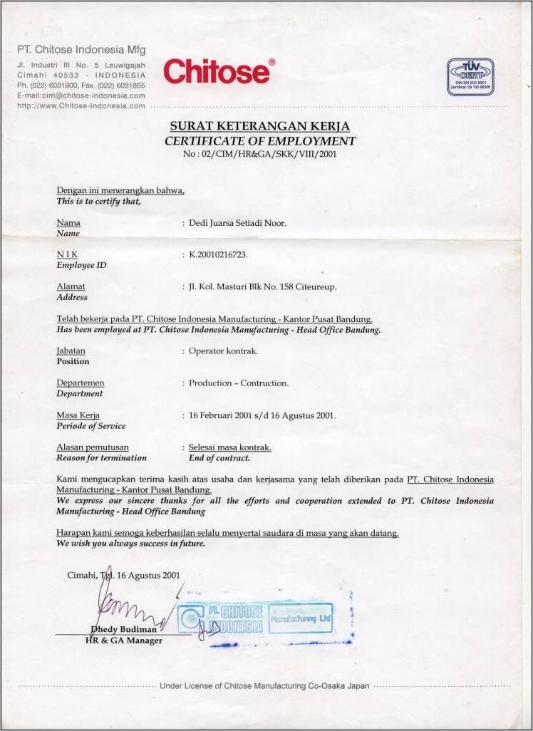 Contoh Surat Keterangan Kerja Arista