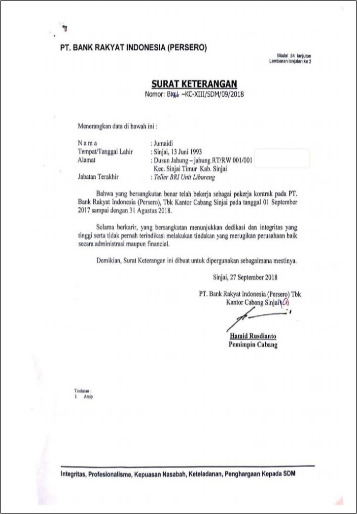 Contoh Surat Keterangan Kerja Bri