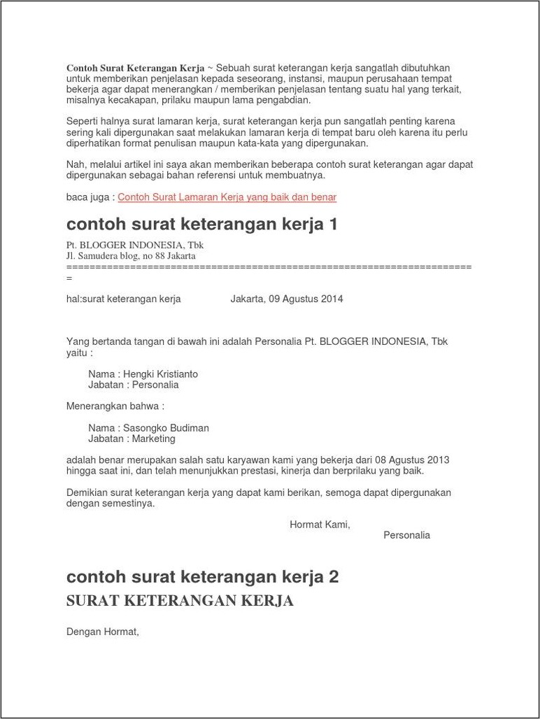 Contoh Surat Keterangan Kerja Dalam Bahasa Indonesia