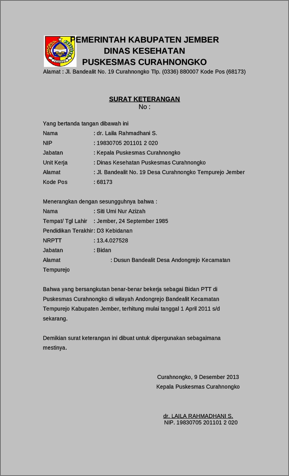 Contoh Surat Keterangan Kerja Di Cv