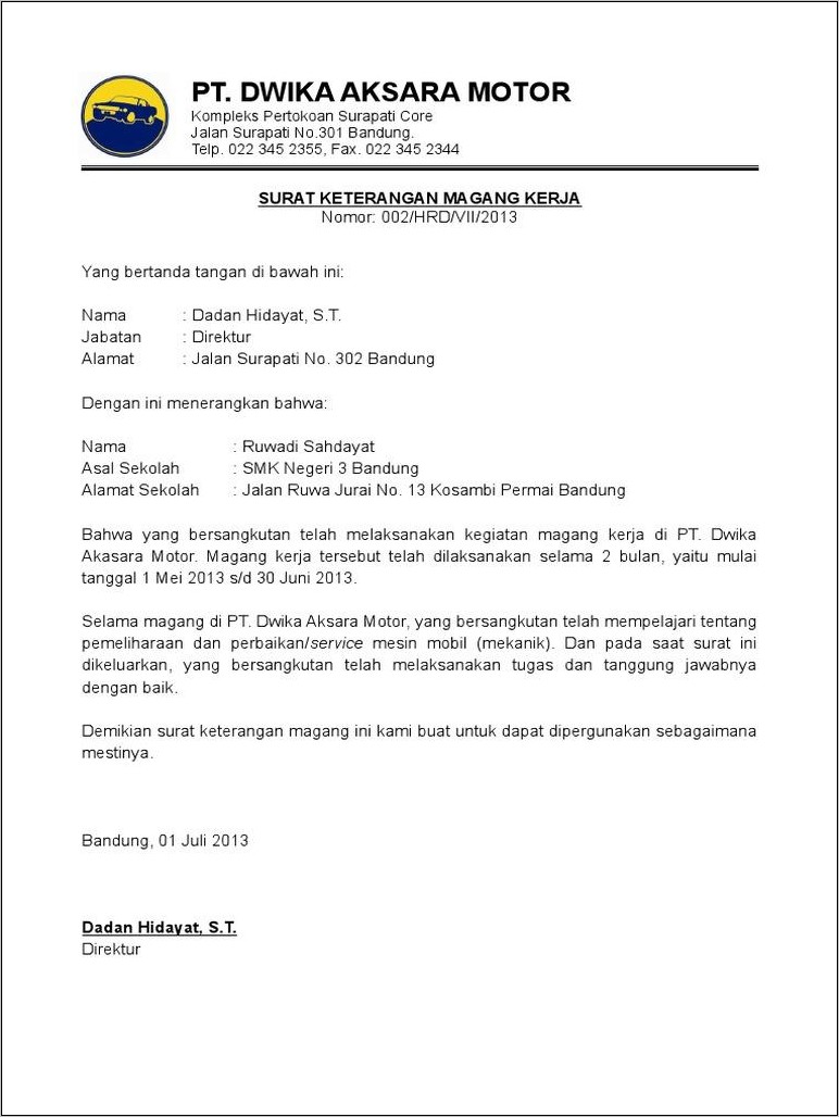 Contoh Surat Keterangan Kerja Di Smk