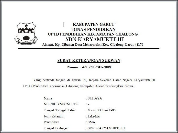 Contoh Surat Keterangan Kerja Sekolah