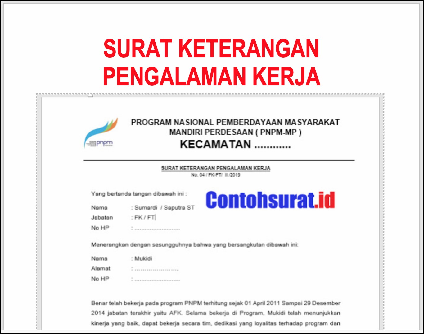 Contoh Surat Keterangan Kerja