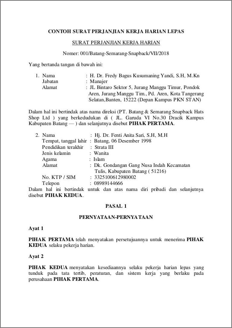 Contoh Surat Keterangan Perjanjian Kerja