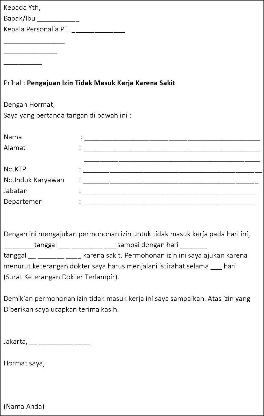 Contoh Surat Keterangan Tidak Masuk Kerja Beserta Kop Surat