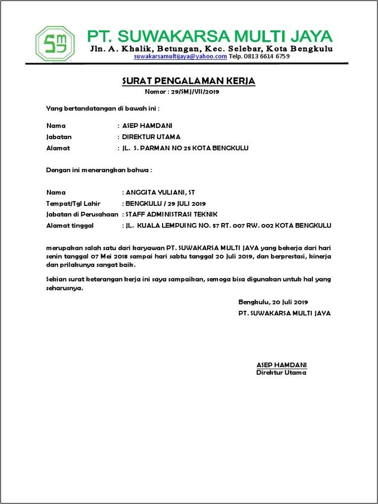 Contoh Surat Keterangang Kerja