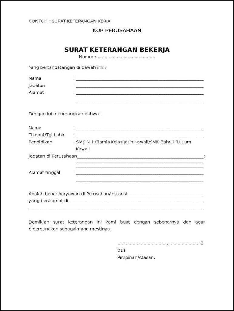 Contoh Surat Ketererangan Bekerja