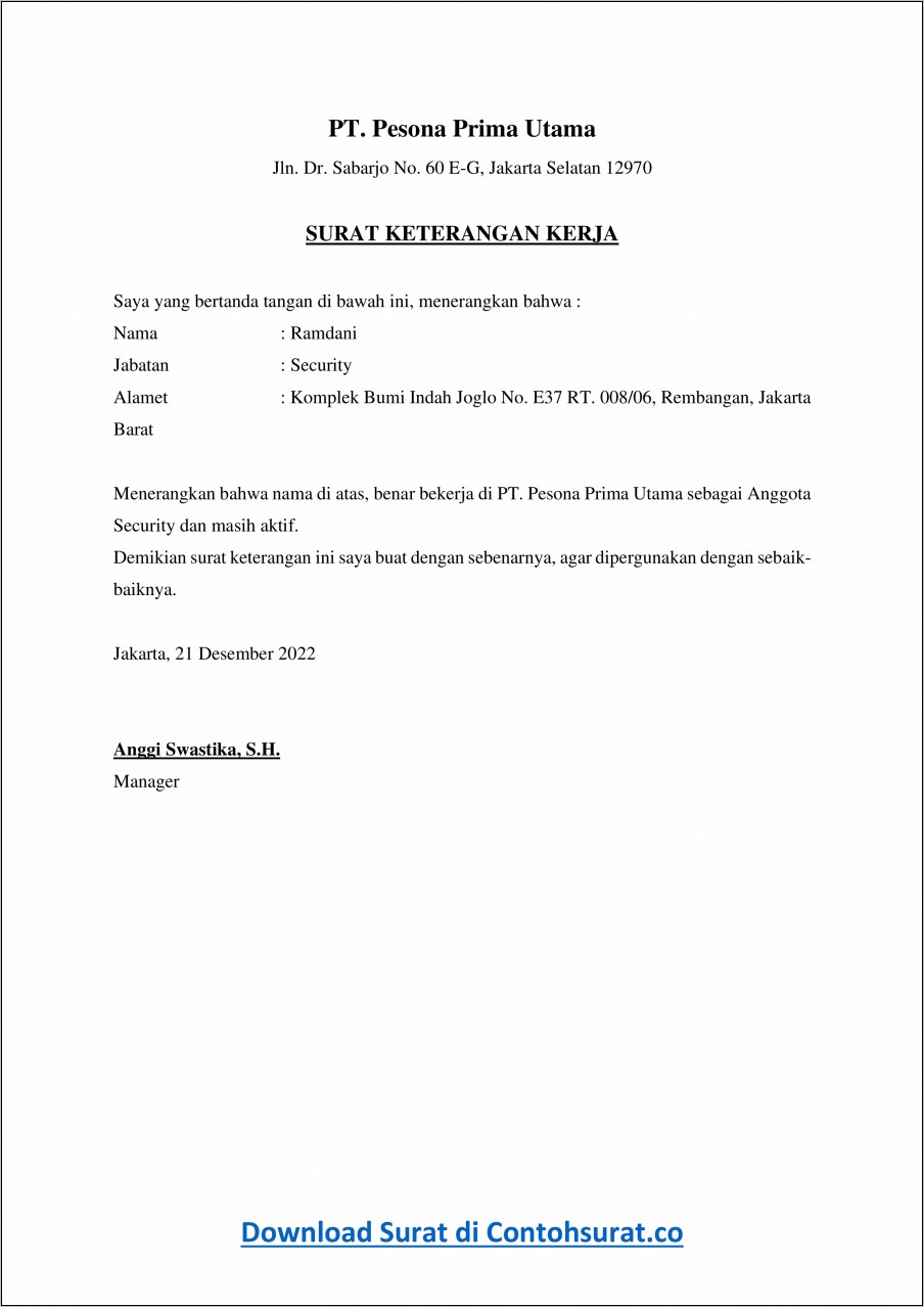 Contoh Surat Keternagan Bekerja