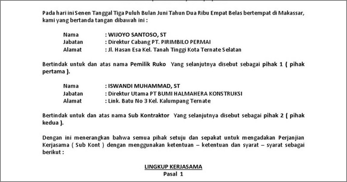 Contoh Surat Kontrak Kerja Chemco