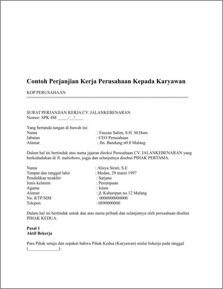 Contoh Surat Kontrak Kerja Direktur