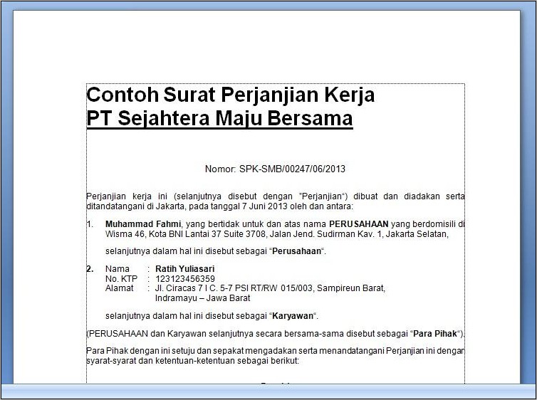 Contoh Surat Kontrak Kerja Karyawan Metrodata