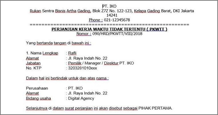 Contoh Surat Kontrak Kerja Karyawan Pkwtt