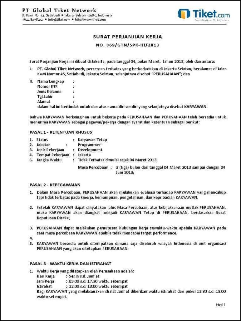 Contoh Surat Kontrak Kerja Pegawai
