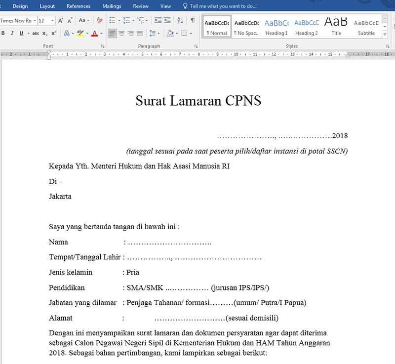 Contoh Surat Lamaran Cpns Kabupaten Ms Word