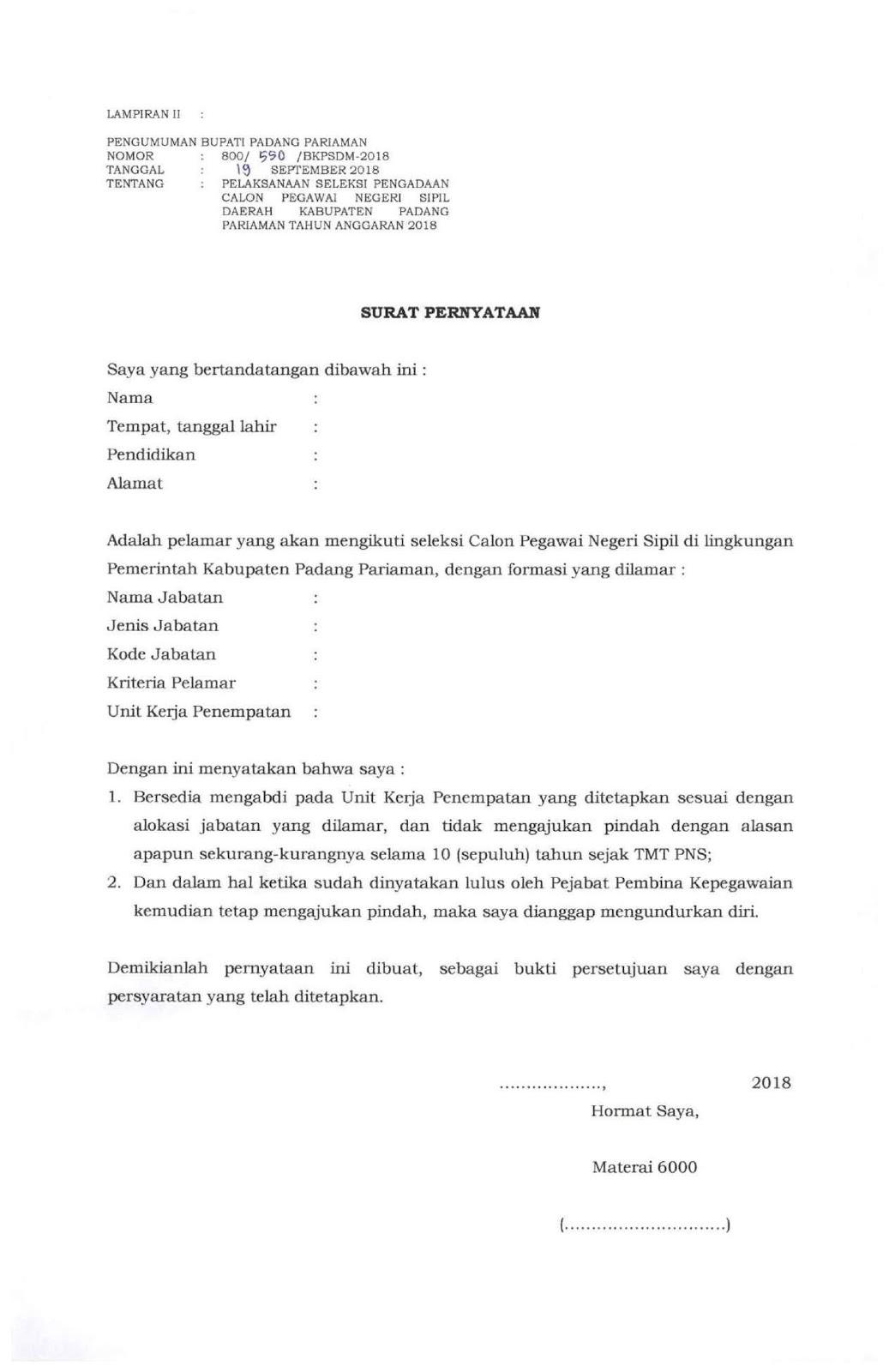 Contoh Surat Lamaran Cpns Kabupaten Padang Pariaman