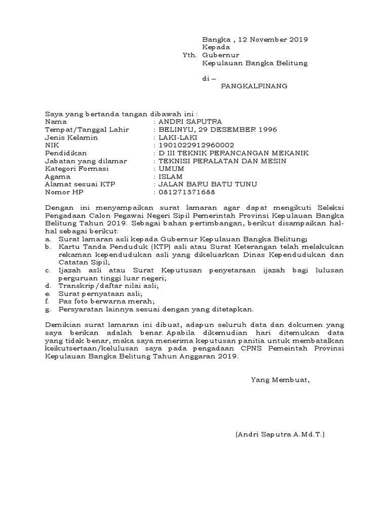 Contoh Surat Lamaran Cpns Ke Gubernur Bangka Belitung
