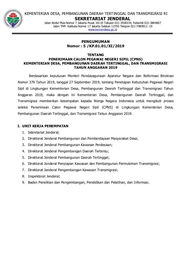 Contoh Surat Lamaran Cpns Kemendesa 2019